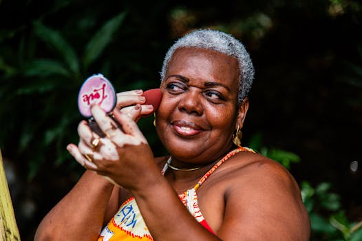 Outdoor Makeup Confidence Older woman happily using a compact mirror for her makeup outdoors